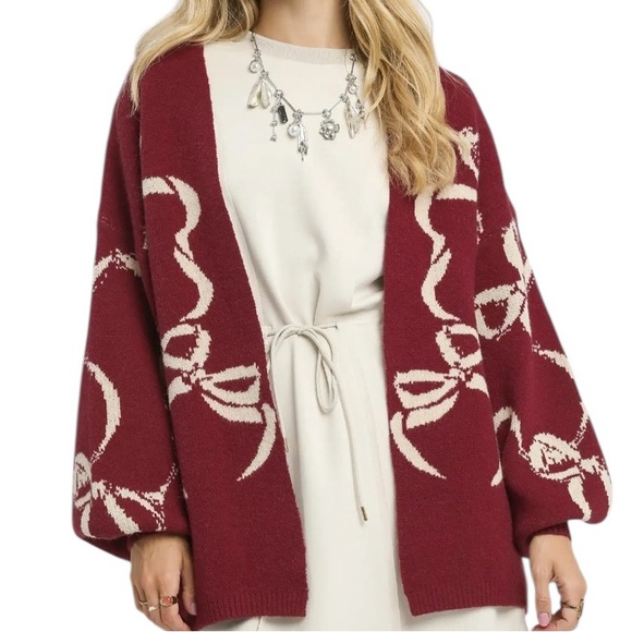 Umgee Sweaters - Umgee Bow Print Sweater Cardigan Balloon Sleeve in Burgundy & Tan
